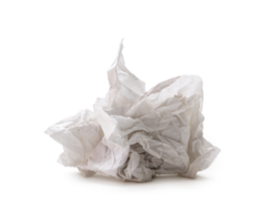 Single screwed or crumpled tissue paper or napkin in strange shape after use in toilet or restroom isolated with clipping path and shadow in png file format