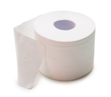 Single roll of white tissue paper or napkin prepared for use in toilet or restroom isolated with clipping path and shadow in png file format