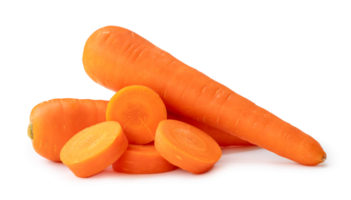 Two fresh orange carrots with slices in stack isolated with clipping path and shadow in png file format Close up of healthy vegetable root