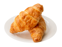 two piece of croissant in stack on white plate isolated with clipping path in png file format