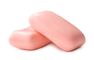 Two dry pink soap bars in stack isolated with clipping path and shadow in png file format