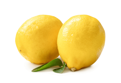 Two whole fresh beautiful yellow lemons with leaves isolated with clipping path and shadow in png file format