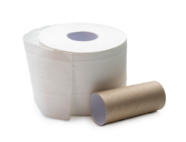 Single roll of white tissue paper or napkin with core prepared for use in toilet or restroom isolated with clipping path and shadow in png file format