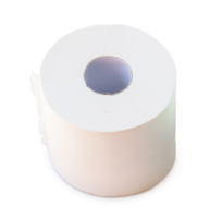 Single roll of white tissue paper or napkin prepared for use in toilet or restroom isolated with clipping path and shadow in png file format.