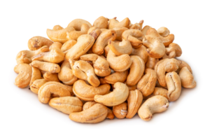 Roasted brown cashew nuts in stack isolated with clipping path and shadow in png file format