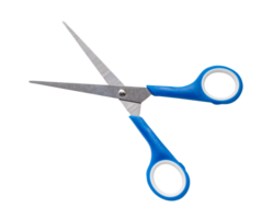 Small kid scissors with blue handle isolated with clipping path. in png file format