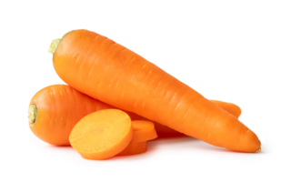 Two fresh orange carrots with slices in stack isolated with clipping path and shadow in png file format Close up of healthy vegetable root