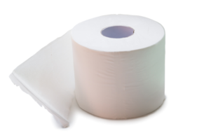 Single roll of white tissue paper or napkin prepared for use in toilet or restroom isolated with clipping path and shadow in png file format