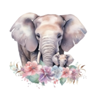 Watercolor elephant with baby AI Generative png