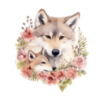 Watercolor wolf with baby AI Generative png