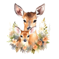 Watercolor deer with baby AI Generative png