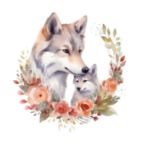 Aquarell Wolf mit Baby ai generativ png