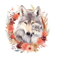 aquarelle Loup avec bébé ai génératif png