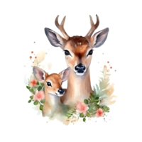 Watercolor deer with baby AI Generative png
