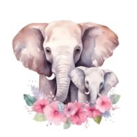 Watercolor elephant with baby AI Generative png