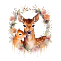 Watercolor deer with baby AI Generative png