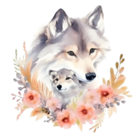 Watercolor wolf with baby AI Generative png