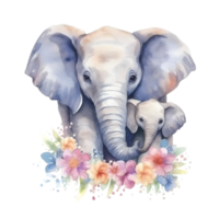 Watercolor elephant with baby AI Generative png