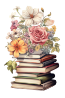 Vintage book stack woth flower. Illustration AI Generative png