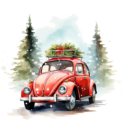 Cute Christmas watercolor retro car isolated. Illustration AI Generative png