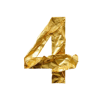 Crumpled gold foil number 4 isolated. Illustration AI Generative png