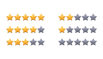 Prodotto valutazione o cliente revisione con 3d stelle. un' impostato di stella giudizi a partire dal 5 per 0. png