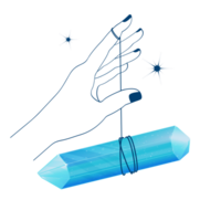 Line Art Boho Hand Holding Blue Shining Crystal. Not AI png