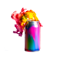 bright multi-colored aluminum cans mockup with scattering multi-colored splashes, created with generative ai png