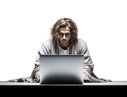 un' uomo Lavorando difficile su il computer portatile nel pazzo, sfilacciato, fatica, pazzo con disordinato capelli nel trasparente sfondo png