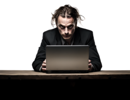une homme travail difficile sur portable dans fou, effiloché, stress, fou avec désordonné cheveux dans transparent Contexte png