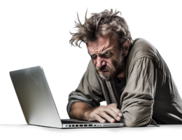 A Man Working Hard on Laptop in Mad, Frayed, Stress, Crazy with Messy Hair in Transparent Background png