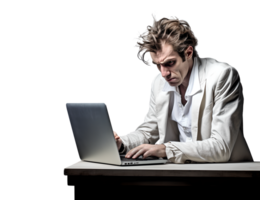 A Man Working Hard on Laptop in Mad, Frayed, Stress, Crazy with Messy Hair in Transparent Background png