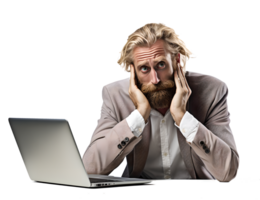 un hombre trabajando difícil en ordenador portátil en enojado, raído, estrés, loco con sucio pelo en transparente antecedentes png