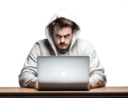 ein Mann Arbeiten schwer auf Laptop im verrückt, ausgefranst, betonen, verrückt mit unordentlich Haar im transparent Hintergrund png