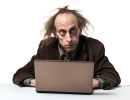 uma homem trabalhando Difícil em computador portátil dentro louco, desgastado, estresse, louco com bagunçado cabelo dentro transparente fundo png