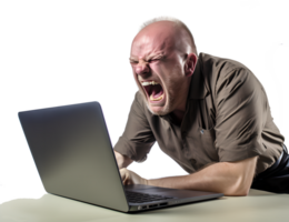 un hombre trabajando difícil en ordenador portátil en enojado, raído, estrés, loco con sucio pelo en transparente antecedentes png