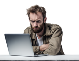 un' uomo Lavorando difficile su il computer portatile nel pazzo, sfilacciato, fatica, pazzo con disordinato capelli nel trasparente sfondo png