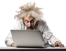 A Man Working Hard on Laptop in Mad, Frayed, Stress, Crazy with Messy Hair in Transparent Background png