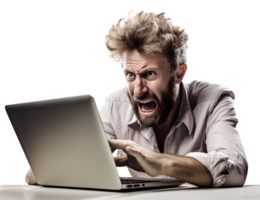 ein Mann Arbeiten schwer auf Laptop im verrückt, ausgefranst, betonen, verrückt mit unordentlich Haar im transparent Hintergrund png