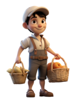 3D Cute SD Cartoon of Farmer with Fruit and Vegetable Basket on Transparent Baackground png