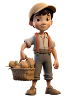 3D Cute SD Cartoon of Farmer with Fruit and Vegetable Basket on Transparent Baackground png