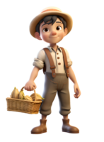 3D Cute SD Cartoon of Farmer with Fruit and Vegetable Basket on Transparent Baackground png