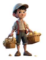 3D Cute SD Cartoon of Farmer with Fruit and Vegetable Basket on Transparent Baackground png