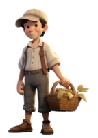 3D Cute SD Cartoon of Farmer with Fruit and Vegetable Basket on Transparent Baackground png