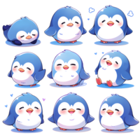 set of happy cute baby blue penguin sticker generate with AI png