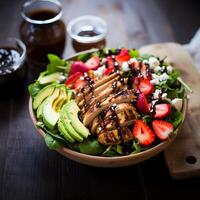 A refreshing summer salad with mixed greens strawberries avocado and grilled chicken photo