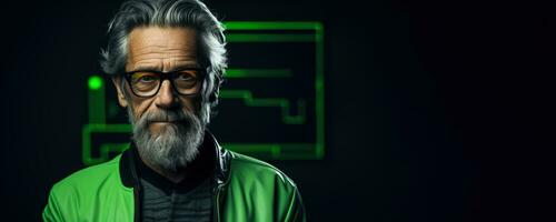 Portrait of an elderly caucasian man in neon on a dark studio background cyber monday concept green background with empty space for text photo