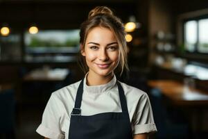 Woman in a chef's uniform in a professional kitchen  photo with empty space for text