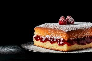 Delicious Victoria Sponge Cake dark background with empty space for text photo