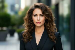 Businesswoman in a sharp suit in a cityscape  photo with empty space for text